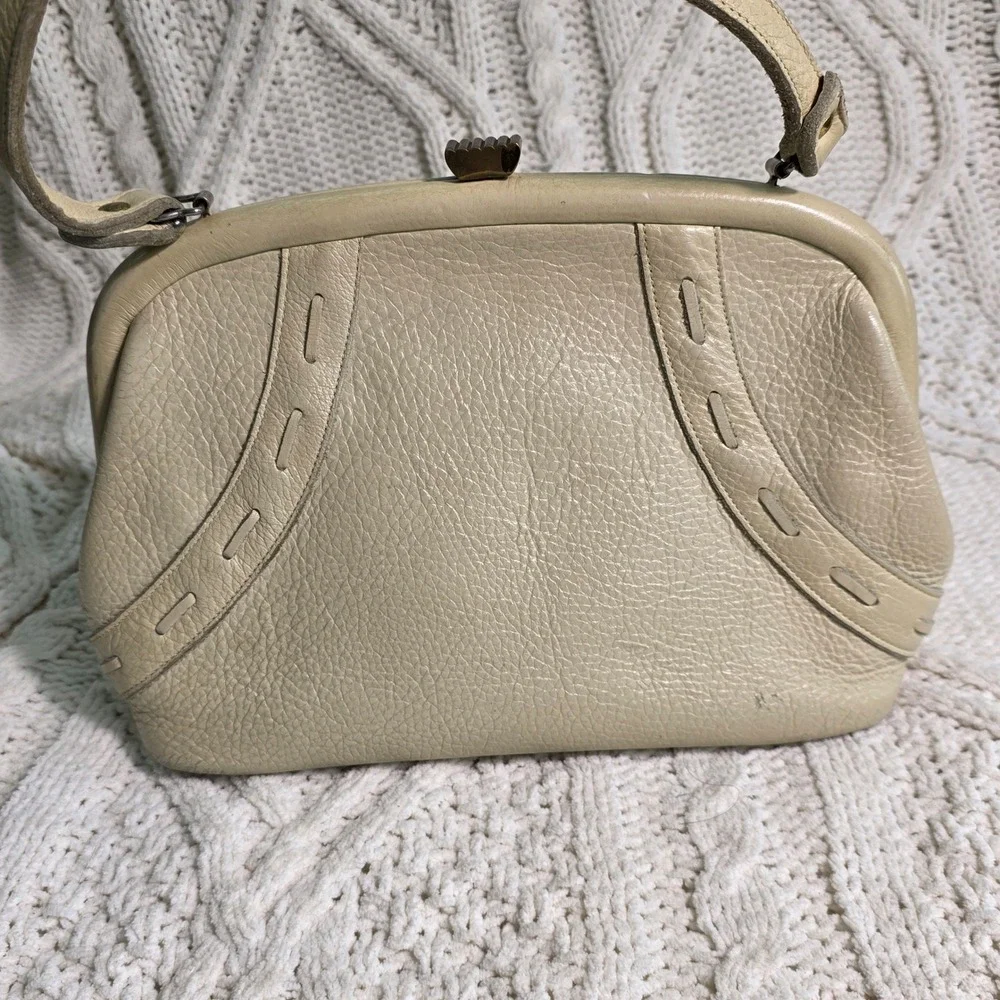 Vintage‎ Kiss Lock Handbag Cream Leather Frame Clutch Purse 50s 60s